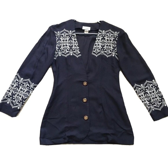 Vintage Womens Embroidered Button Blazer Navy Ivory S/M Small Affinity By Margos - Picture 3 of 11